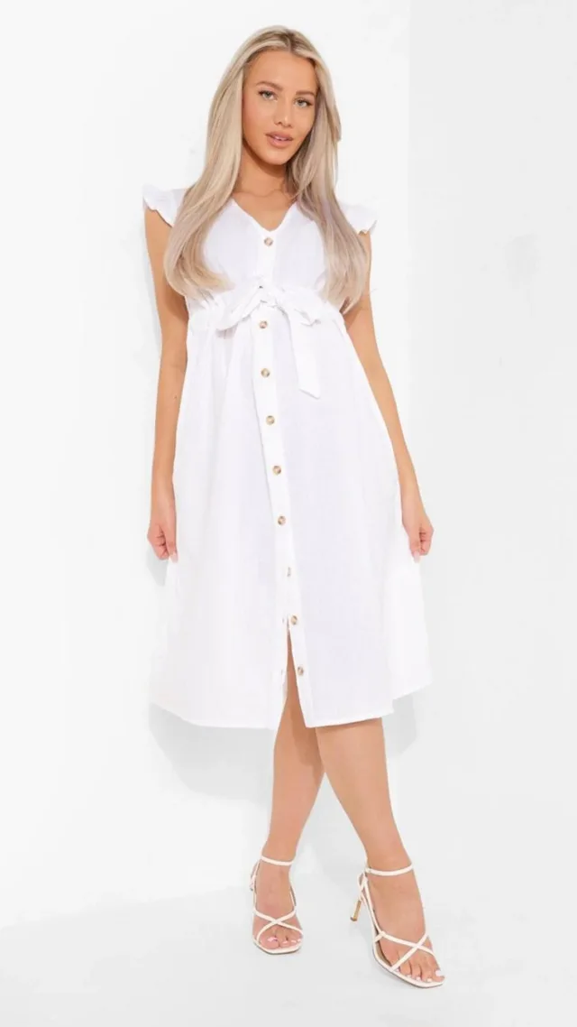 White Maternity Cotton Button Down Midi Dress