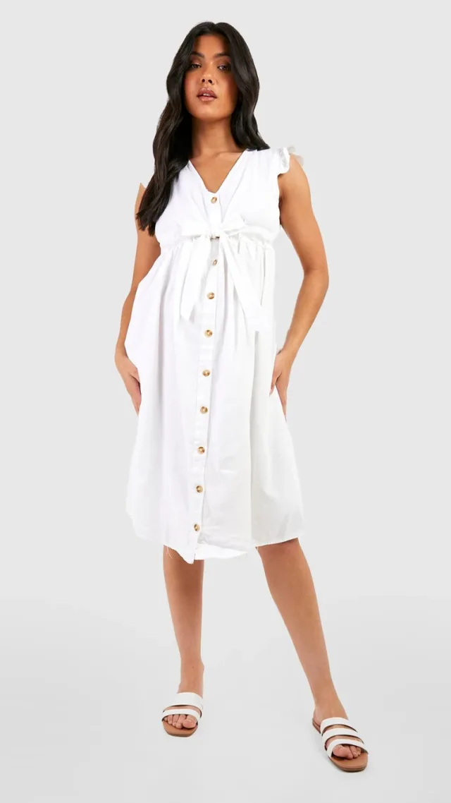 White Maternity Cotton Button Down Midi Dress