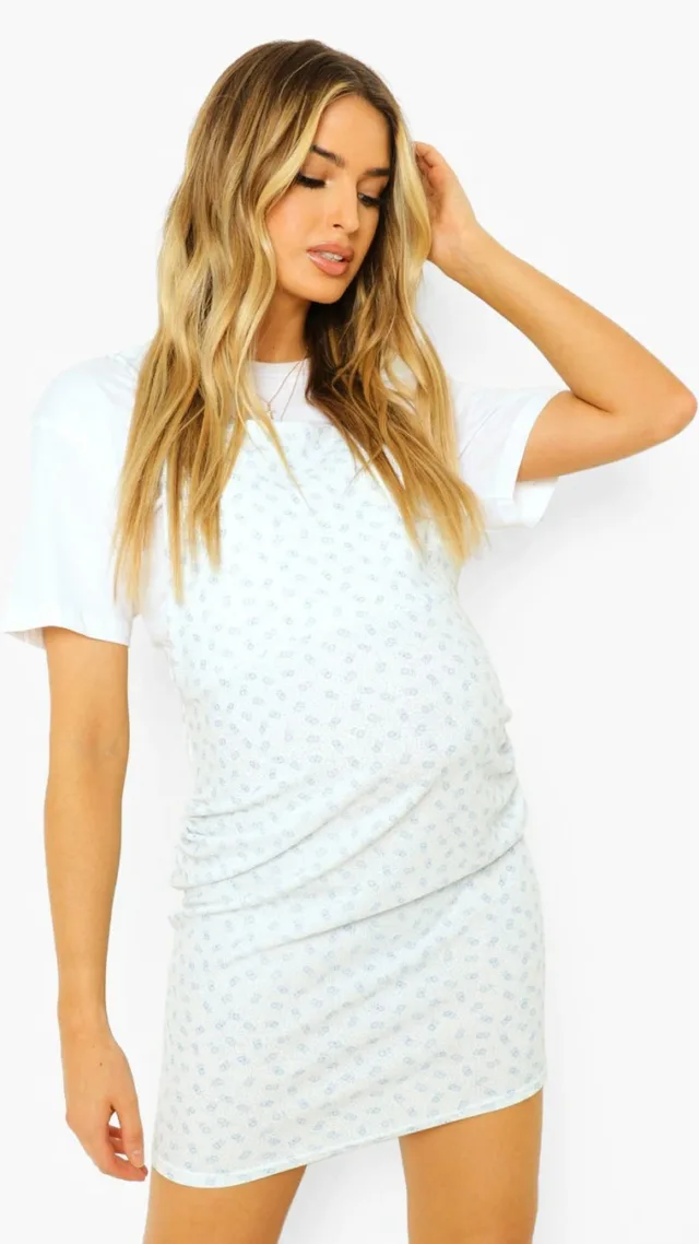 White Maternity Ditsy Floral Jumper Dress