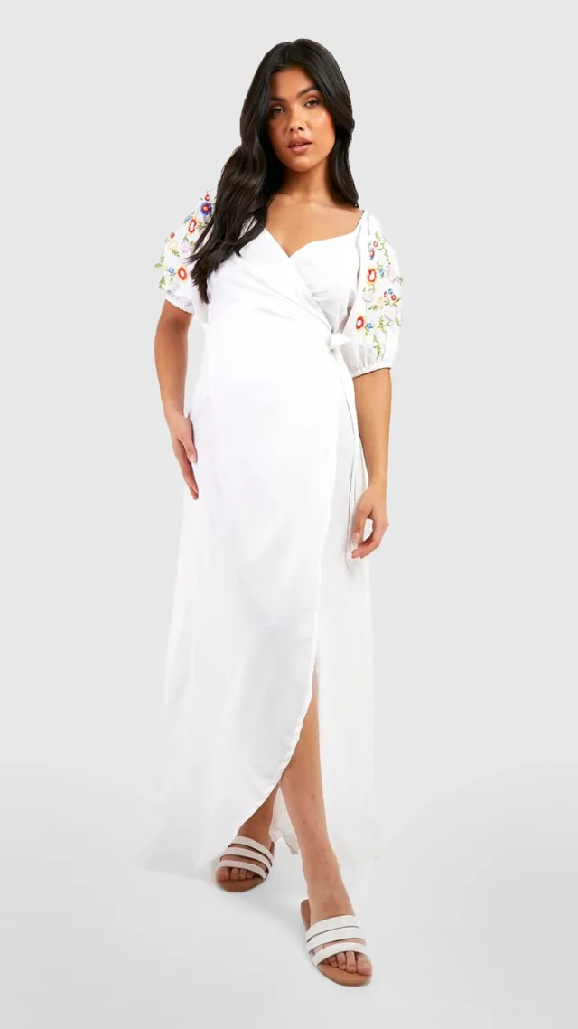 White Maternity Floral Embroidered Wrap Maxi Dress