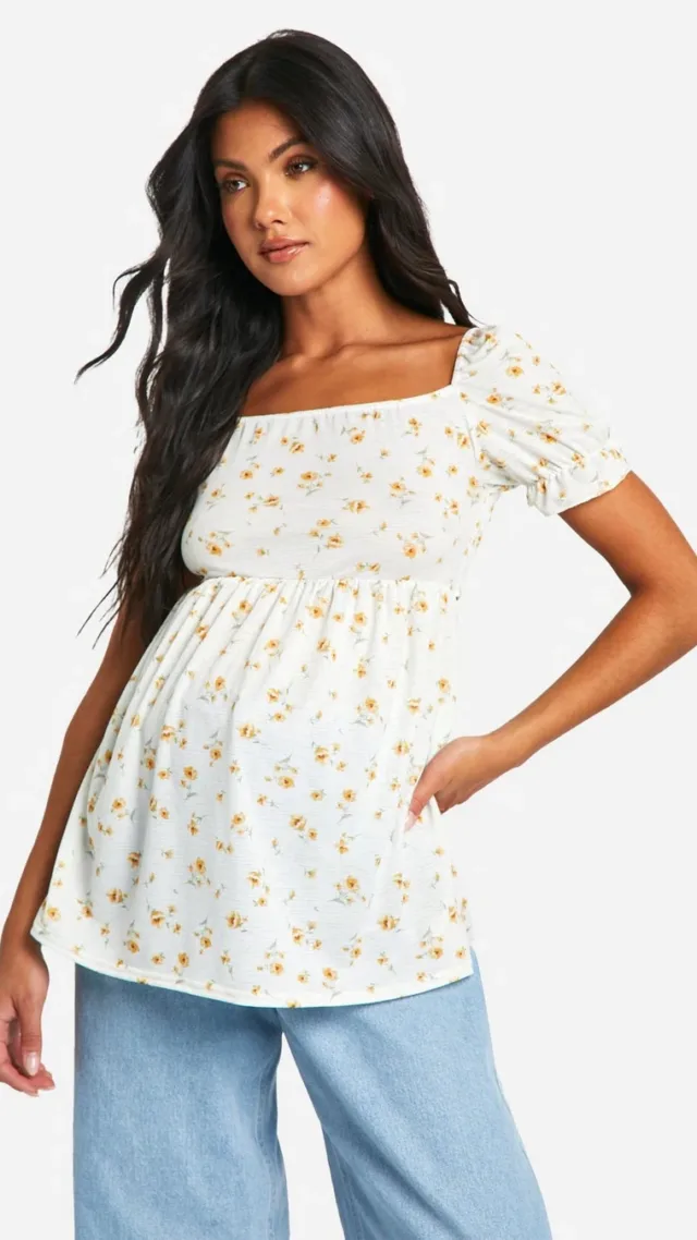 White Maternity Floral Print Jersey Knit Frill Hem Milkmaid Smock Top