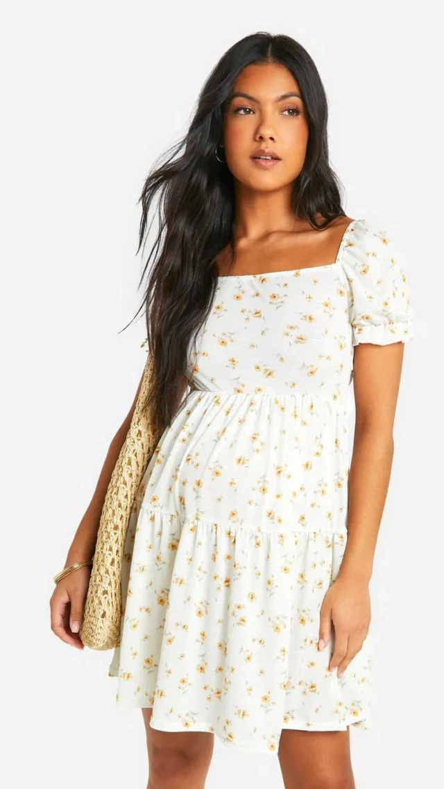 White Maternity Floral Print Smock Milkmaid Mini Dress