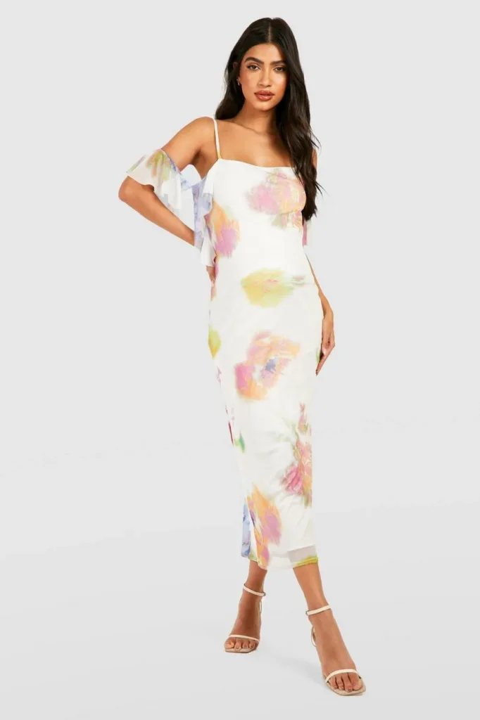 White Maternity Floral Ruffle Mesh Midi Dress