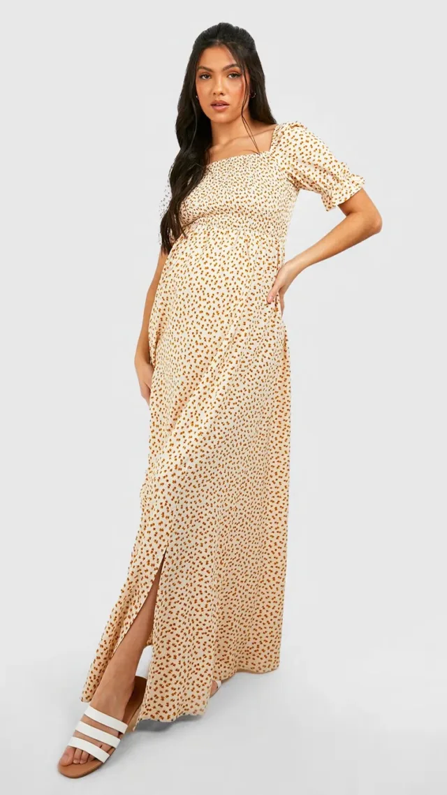 White Maternity Floral Square Neck Maxi Dress