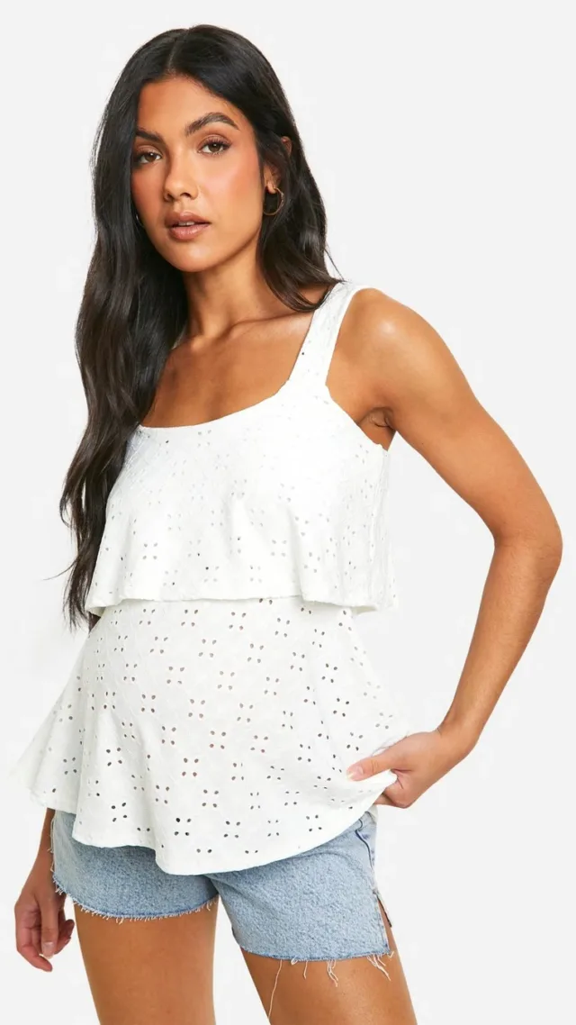 White Maternity Jersey Knit Eyelet Overlay Camisole