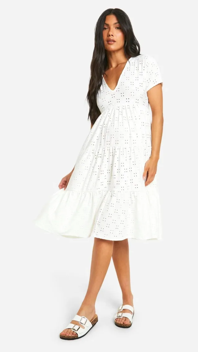 White Maternity Jersey Knit Eyelet Short Sleeve Smock Midi Dress