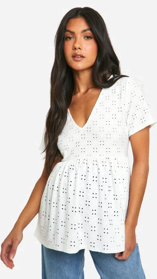 White Maternity Jersey Knit Eyelet Short Sleeve Smock Top