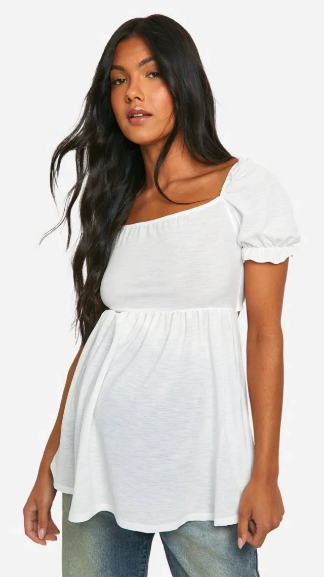 White Maternity Jersey Knit Milkmaid Frill Hem Smock Top