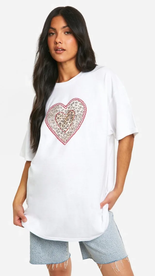 White Maternity Leopard Heart Print Oversized T-Shirt