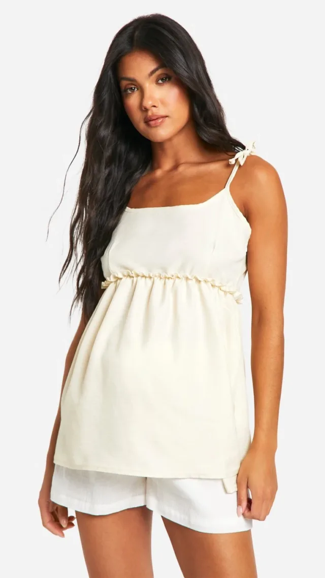 White Maternity Linen Look Strappy Cami Smock Top