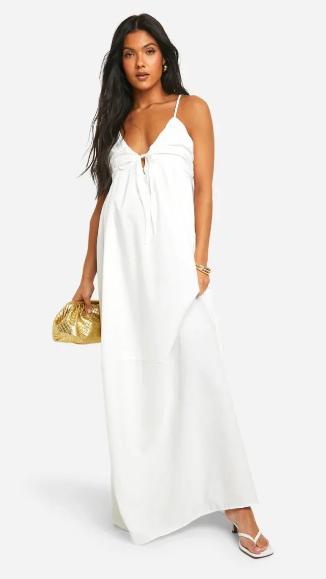 White Maternity Linen Look Strappy Maxi Dress