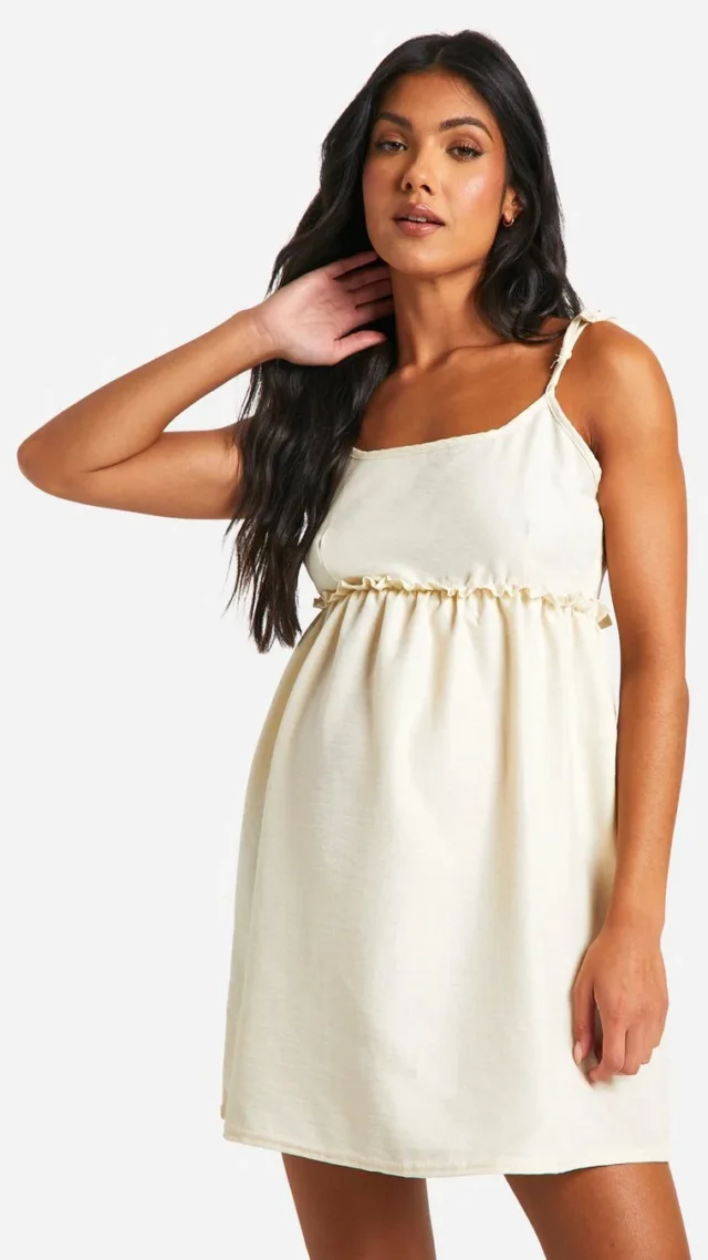 White Maternity Linen Look Strappy Mini Smock Dress