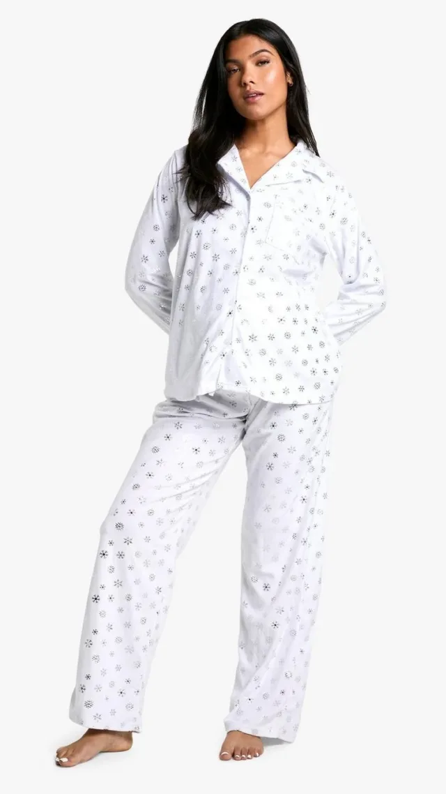 White Maternity Metallic Snowflake Fleece Pyjama Set