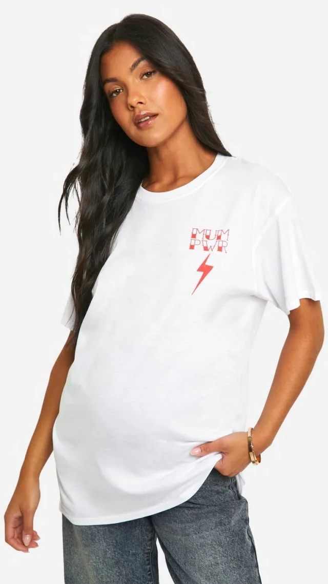 White Maternity Mum Power Printed Oversized T-Shirt