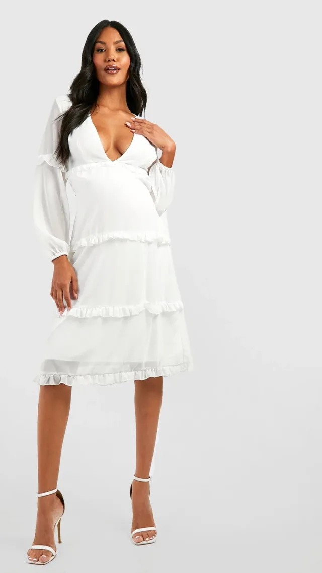 White Maternity Occasion Tie Back Frill Midi Dress