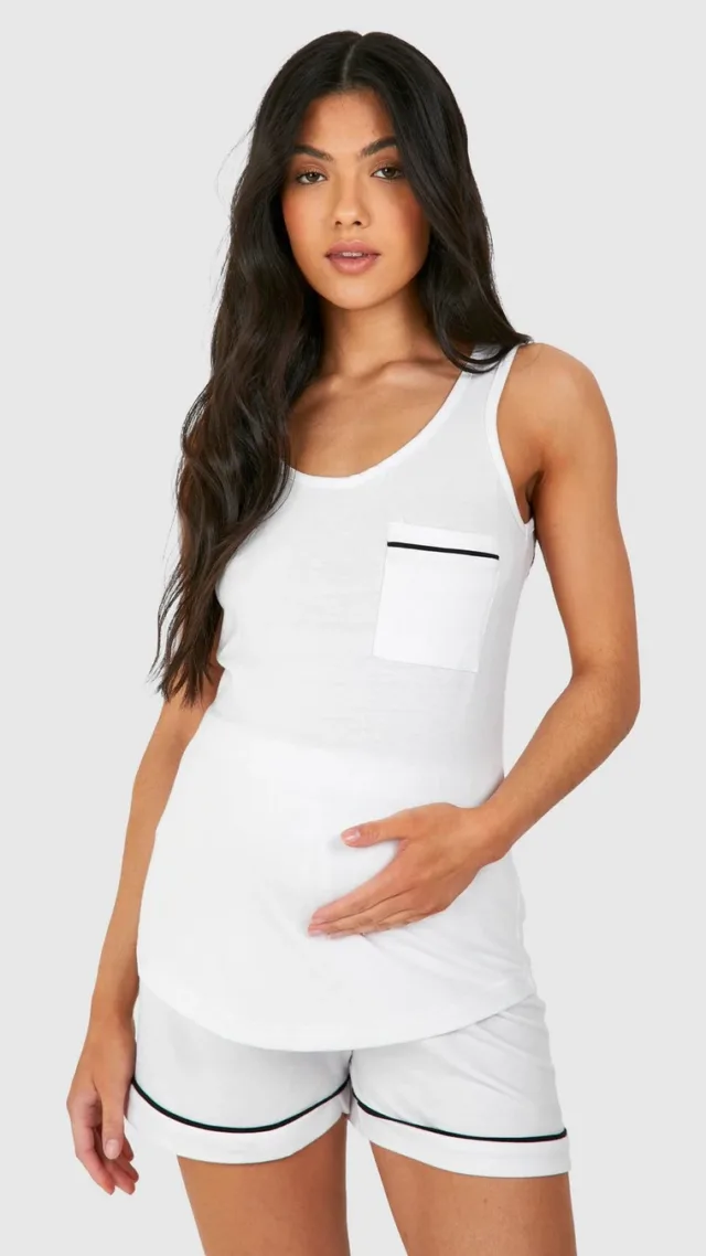 White Maternity Piped Tank Top And Short Pajama Set