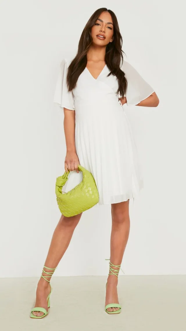 White Maternity Pleated Wrap Skater Dress