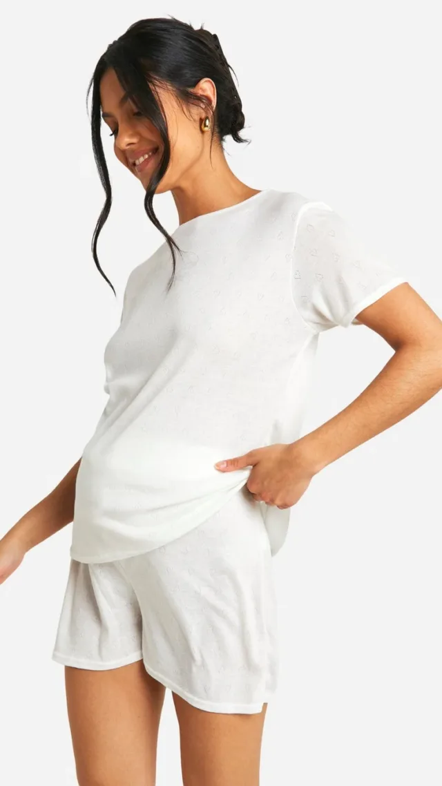 White Maternity Pointelle Heart Stitch Short Sleeve Pj Set