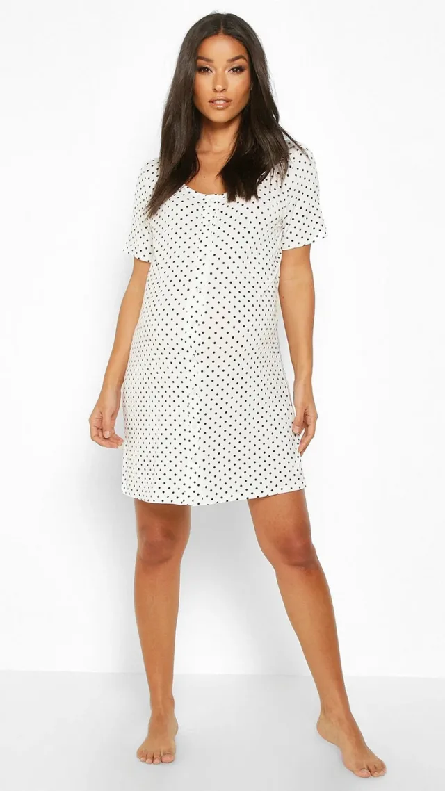 White Maternity Polka Dot Button Front Nightgown