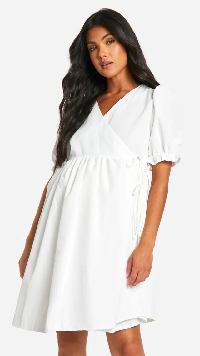 White Maternity Puff Sleeve Wrap Mini Smock Dress