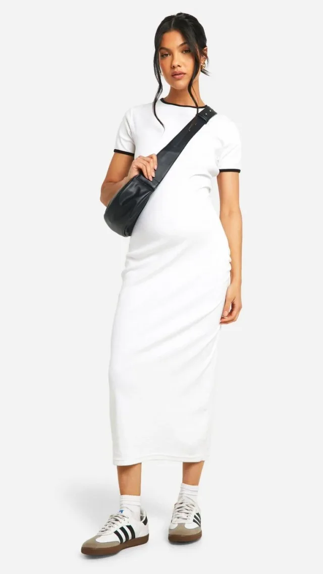 White Maternity Ribbed Cap Sleeve Contrast Binding Midaxi Dress