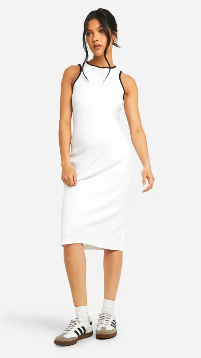 White Maternity Ribbed Racer Neck Contrast Binding Midi Dress