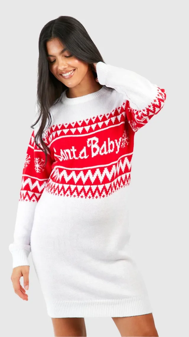 White Maternity Santa Baby Christmas Sweater Dress