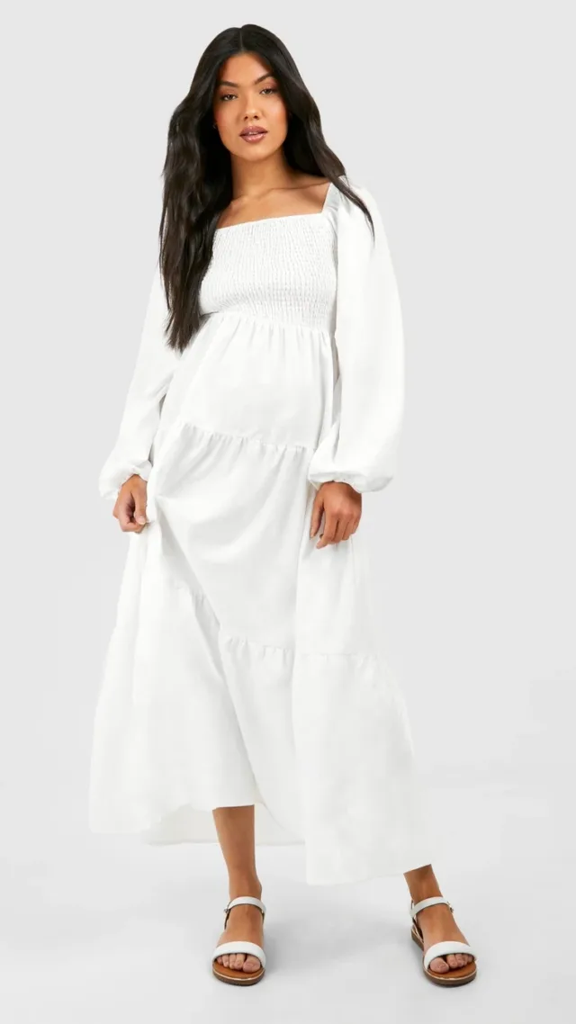 White Maternity Shirred Poplin Midi Dress