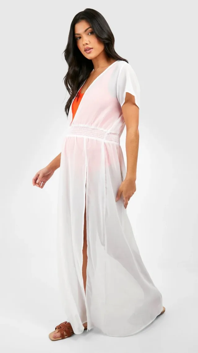 White Maternity Shirred Waist Maxi Beach Kaftan