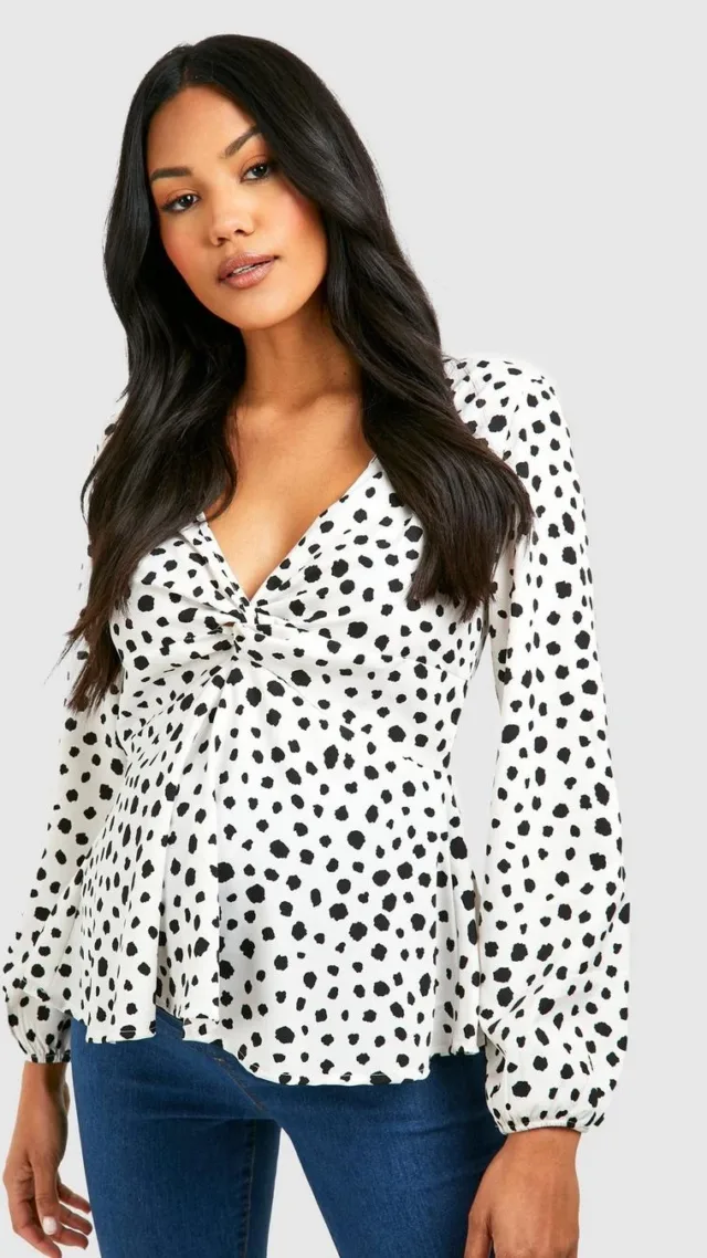 White Maternity Spot Twist Front Long Sleeve Smock