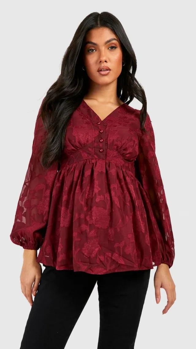 Wine Maternity Burnout Floral Button Down Smock Top