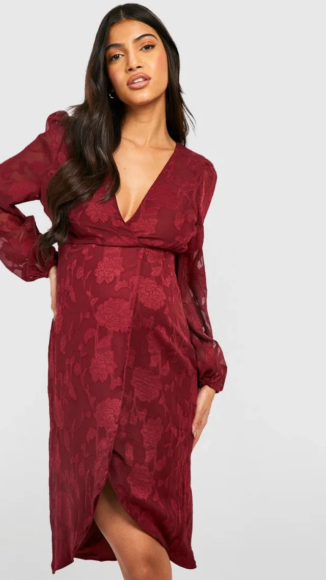 Wine Maternity Burnout Floral Wrap Midi Dress