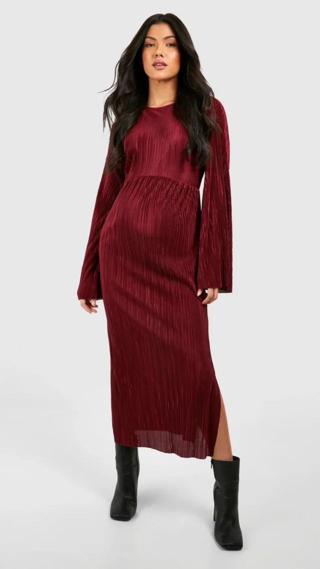 Wine Maternity Plisse Batwing Midi Dress