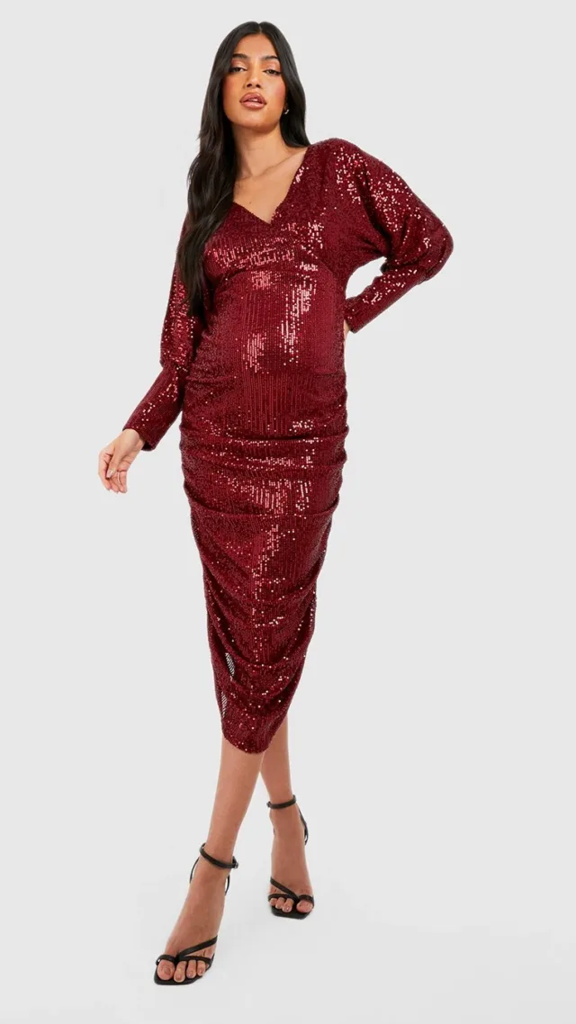 Wine Maternity Sequin Batwing Ruched Midi Dress