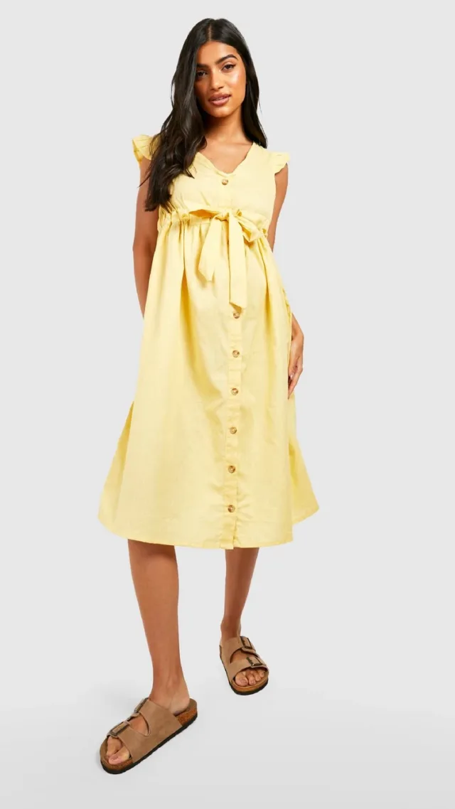 Yellow Maternity Cotton Button Down Midi Dress