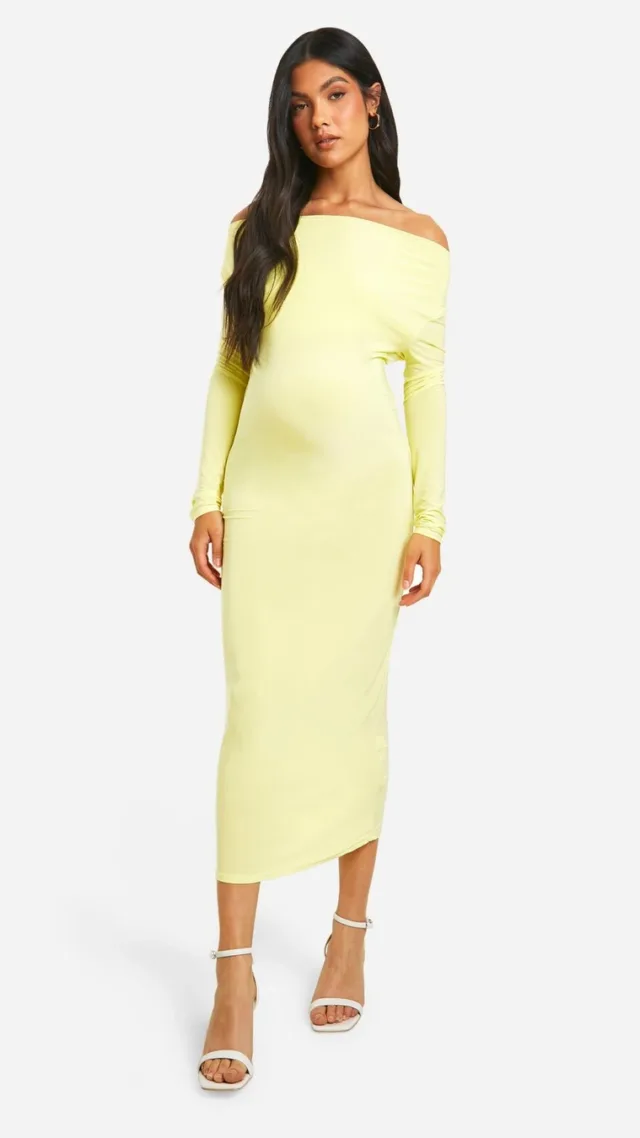 Yellow Maternity Long Sleeve Cowl Neck Midi Dress