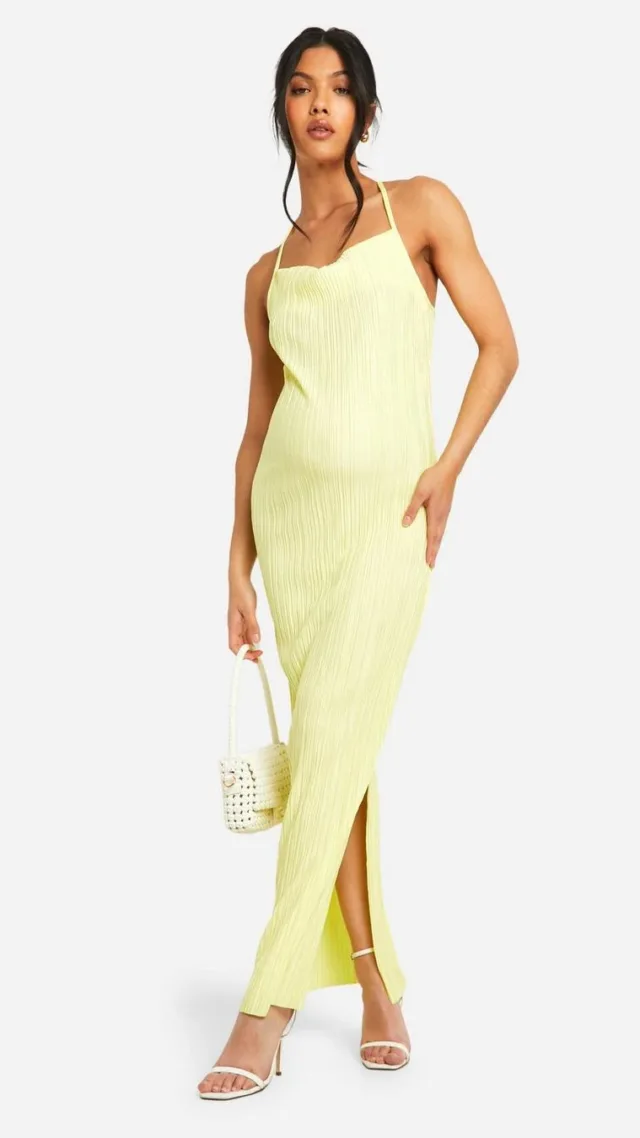 Yellow Maternity Plisse Cowl Maxi Dress