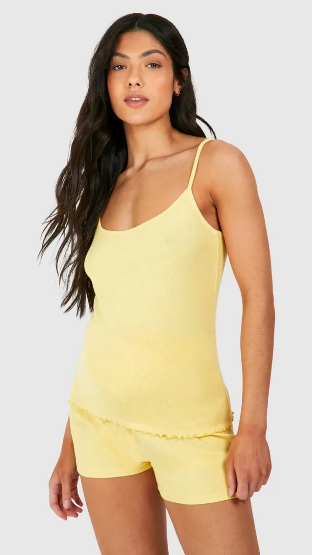 Yellow Maternity Ribbed Strappy Cami Pajama Short Set