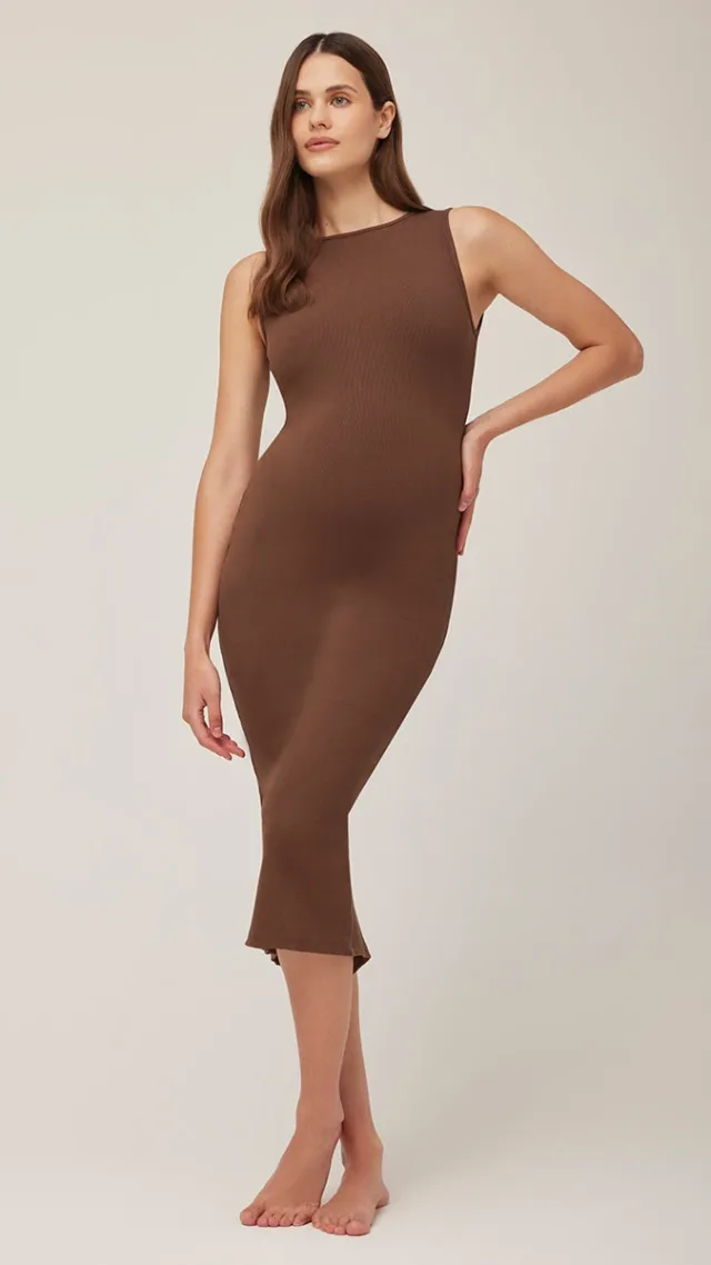 Sculpting Rib Boat Neck Midi Dress