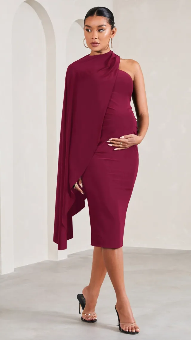 Berry Asymmetric Maternity Midi Dress With Cape