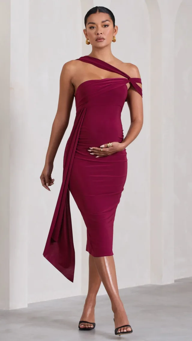 Berry Asymmetric Strappy Maternity Midi Dress With Drape