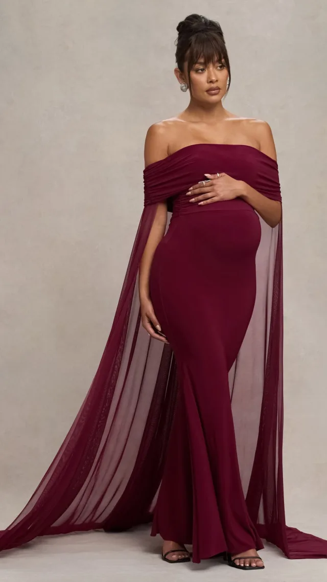 Berry Bardot Maternity Maxi Dress With Chiffon Cape