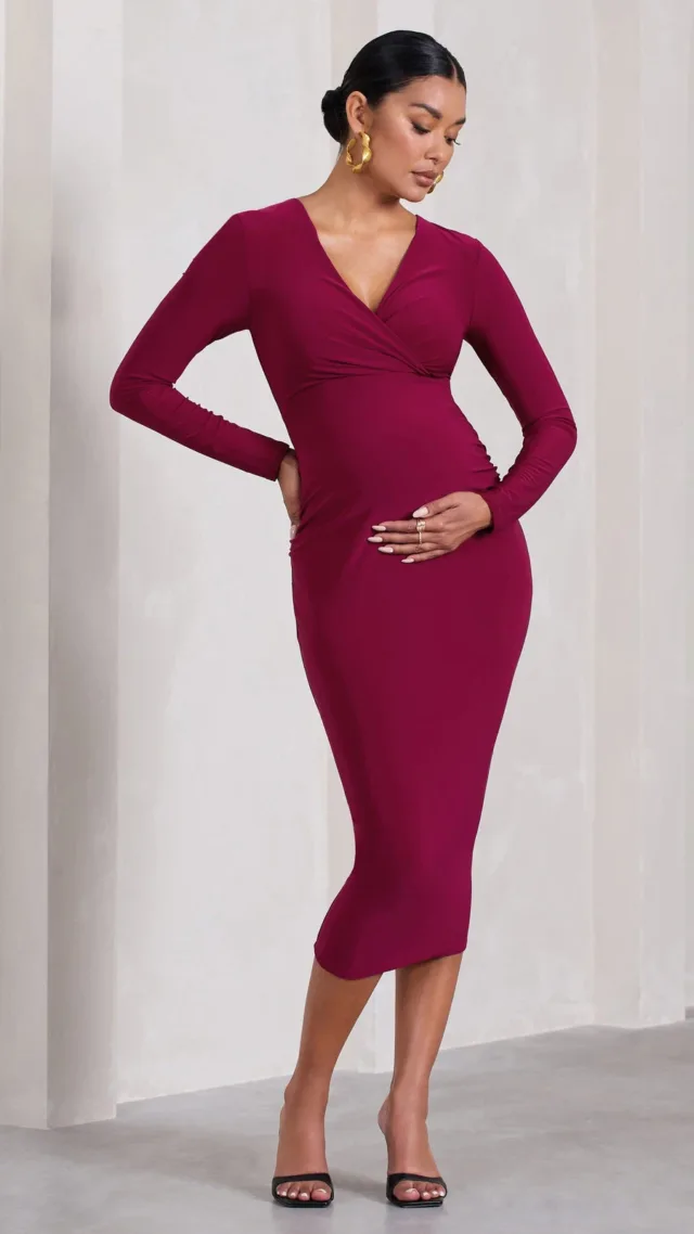 Berry Bodycon Plunge-Neck Maternity Midi Dress