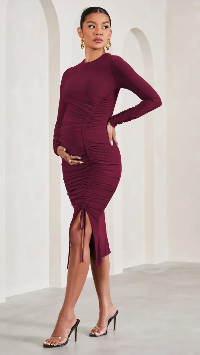 Berry Long-Sleeved Split Maternity Midi Dress