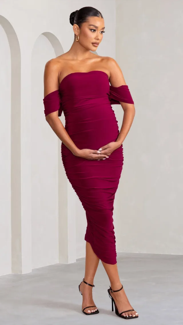 Berry Maternity Ruched Bardot Midi Dress