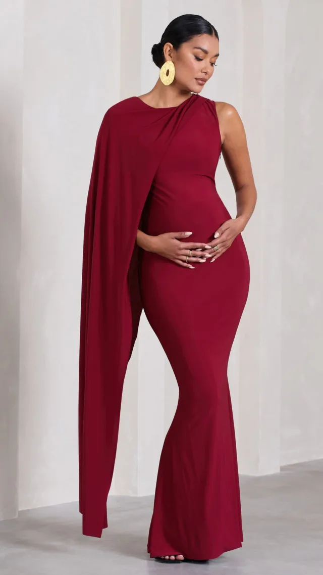 Berry One-Sleeve Cape Maternity Maxi Dress