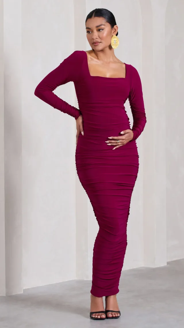 Berry Ruched Square-Neck Long-Sleeve Maternity Maxi Dress