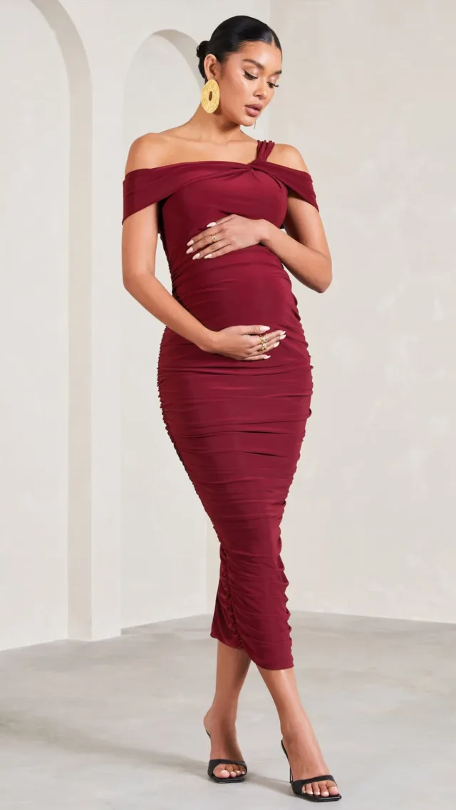 Berry Strappy Asymmetric Maternity Midi Dress