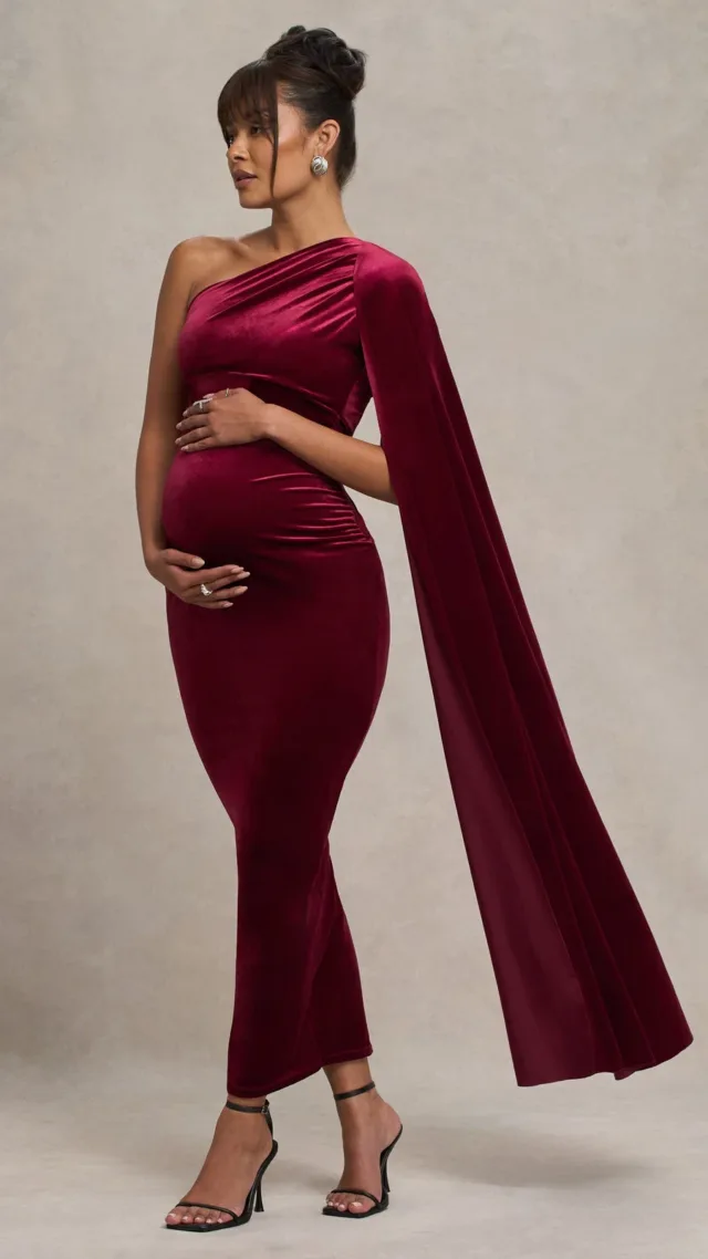 Berry Velvet Maternity One Shoulder Maxi Dress With Cape Sleeve