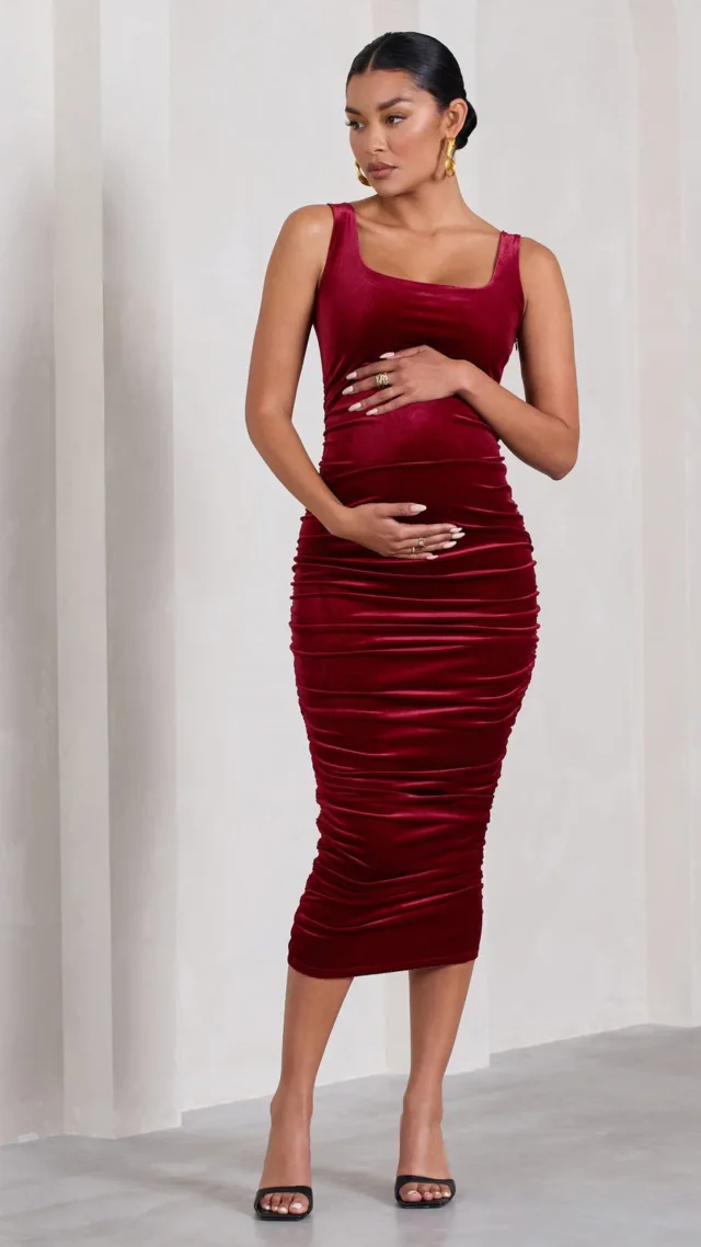 Berry Velvet Maternity Square Neck Ruched Midi Dress